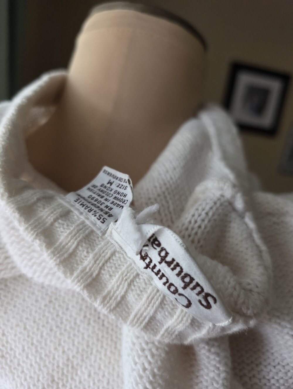 Knit Sweater Vintage Country Suburbans Ramie Cotton  Cream V-Neck Medium Old Mon - Picture 6 of 10